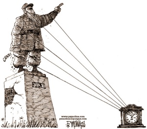 Fidel Castro probeert de klok terug te draaien, aldus een cartoon van Pedro Molina